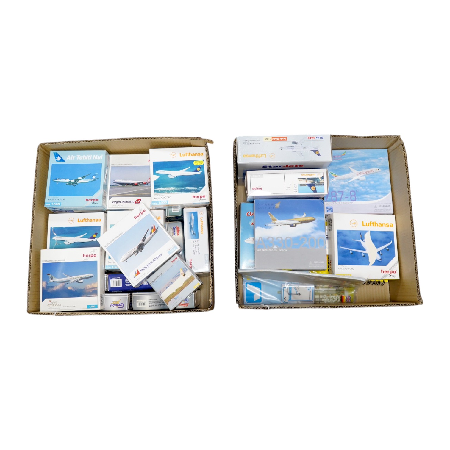 Thirty-eight boxed models of modern passenger aircraft by Herpa Wings, Star Jets, Gemini Jets, etc. in a variety of scales including 1:400, 1:500, 1:200, etc. operators include Philippine Airlines, Lufthansa, Ethiopian A